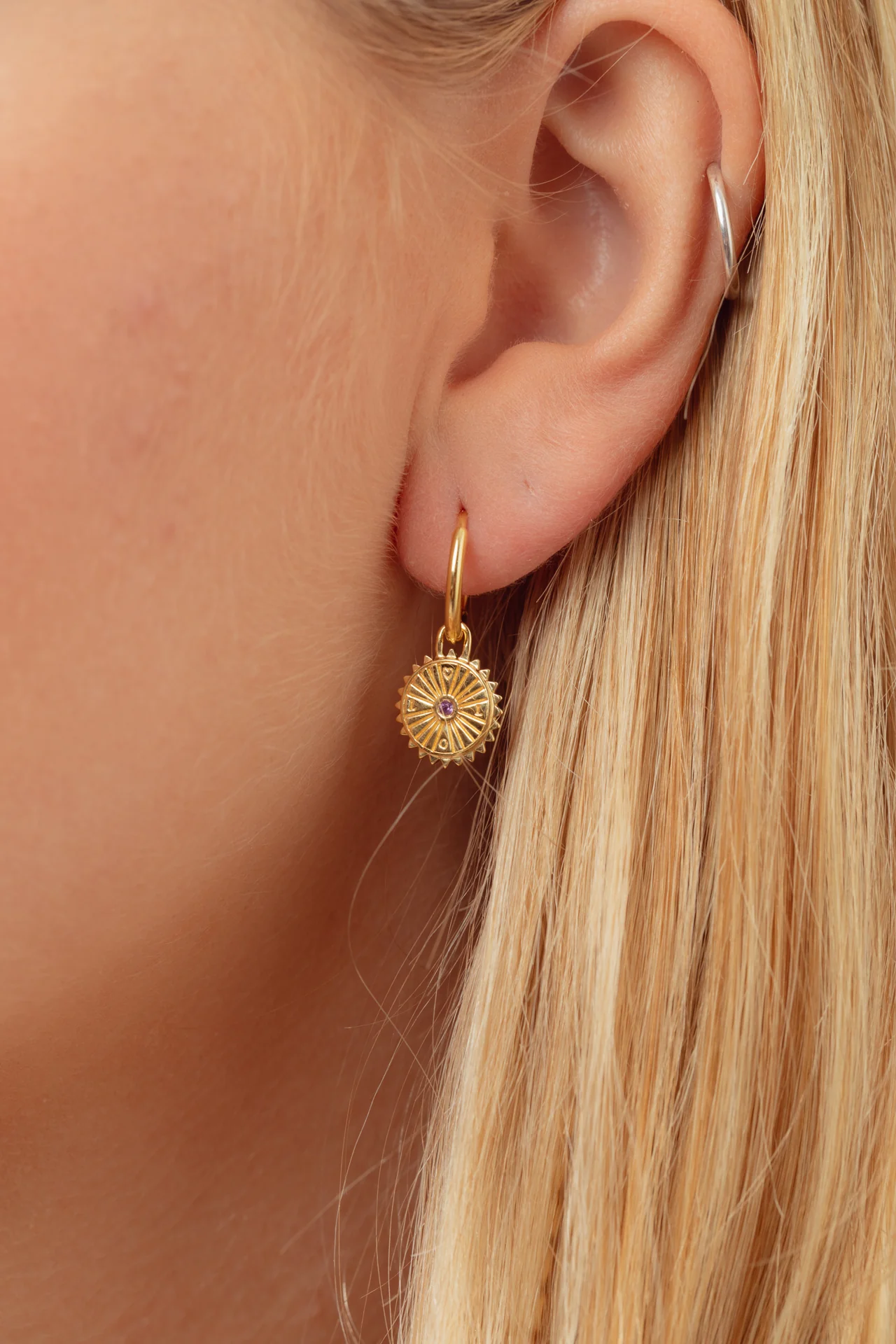 Elaria Amethyst Gold Charm Hoops - Image 3